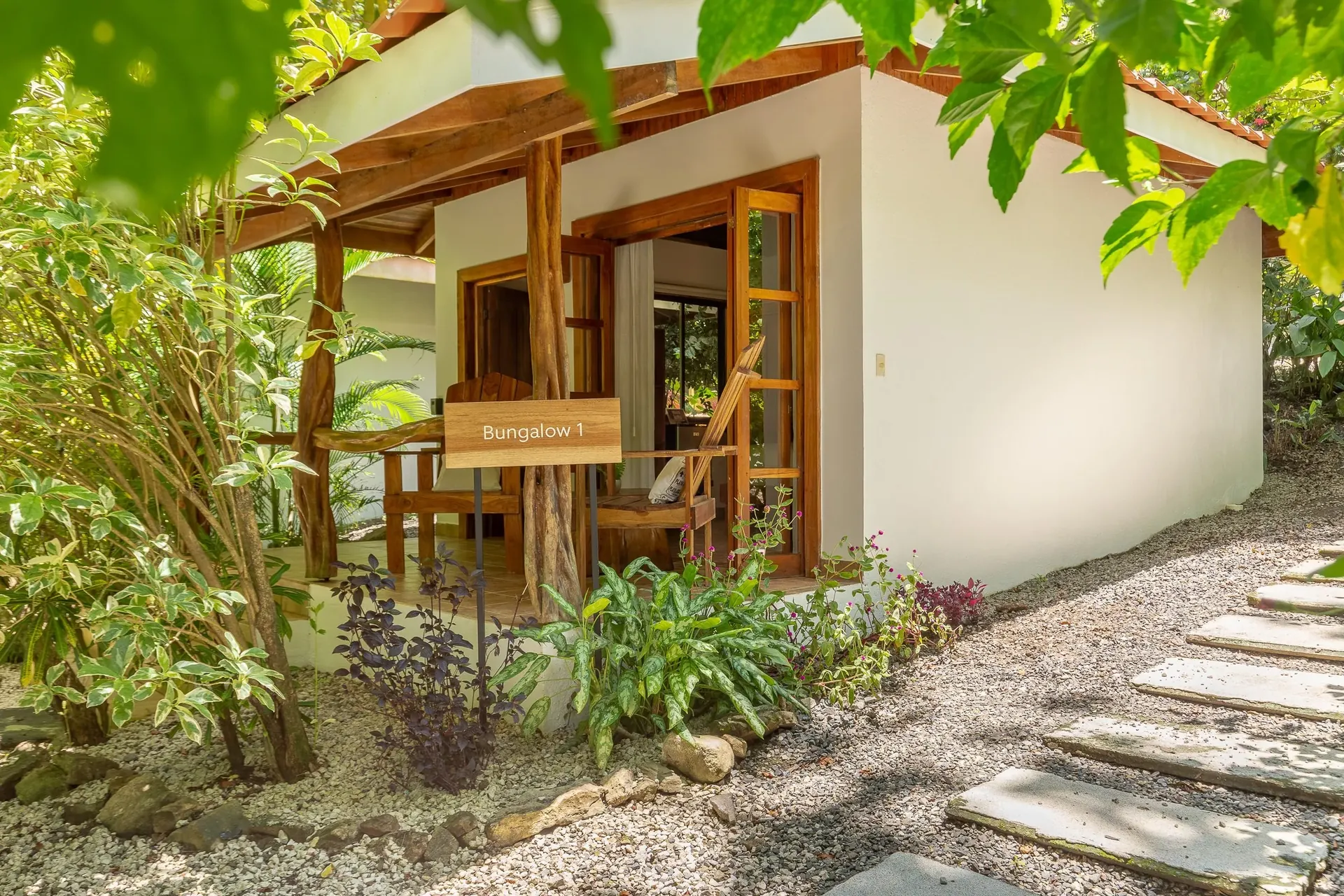 Private terrace of Standard King Bungalow 1 at Makanas Beach Bungalows